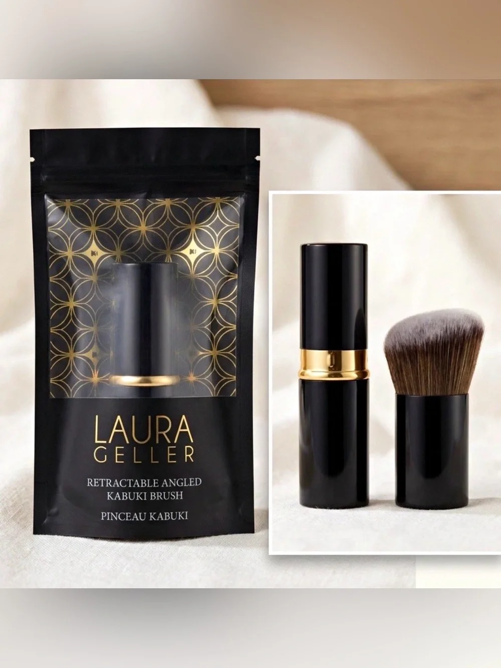 Laura Geller Retractable Angled Kabuki Brush Travel-Friendly Black/Gold